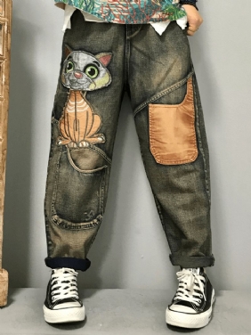 Kvinner Kattbroderi Patchwork Mid Waist Løs Dongeri Harem Jeans