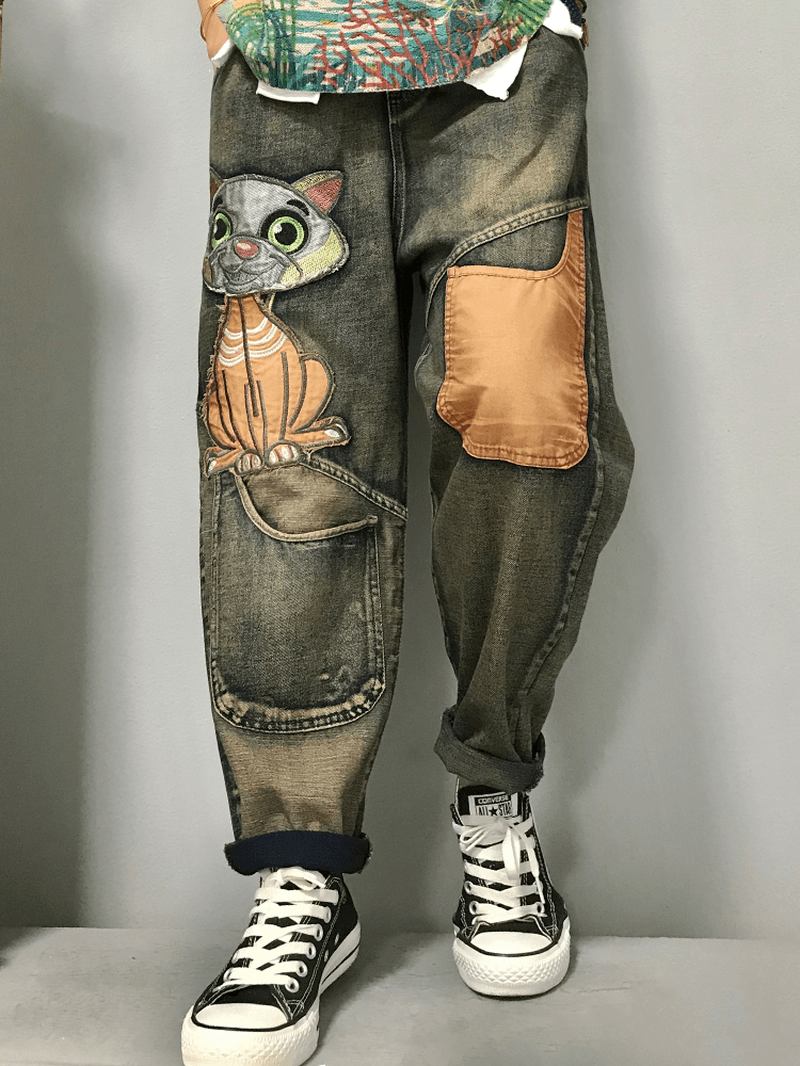 Kvinner Kattbroderi Patchwork Mid Waist Løs Dongeri Harem Jeans