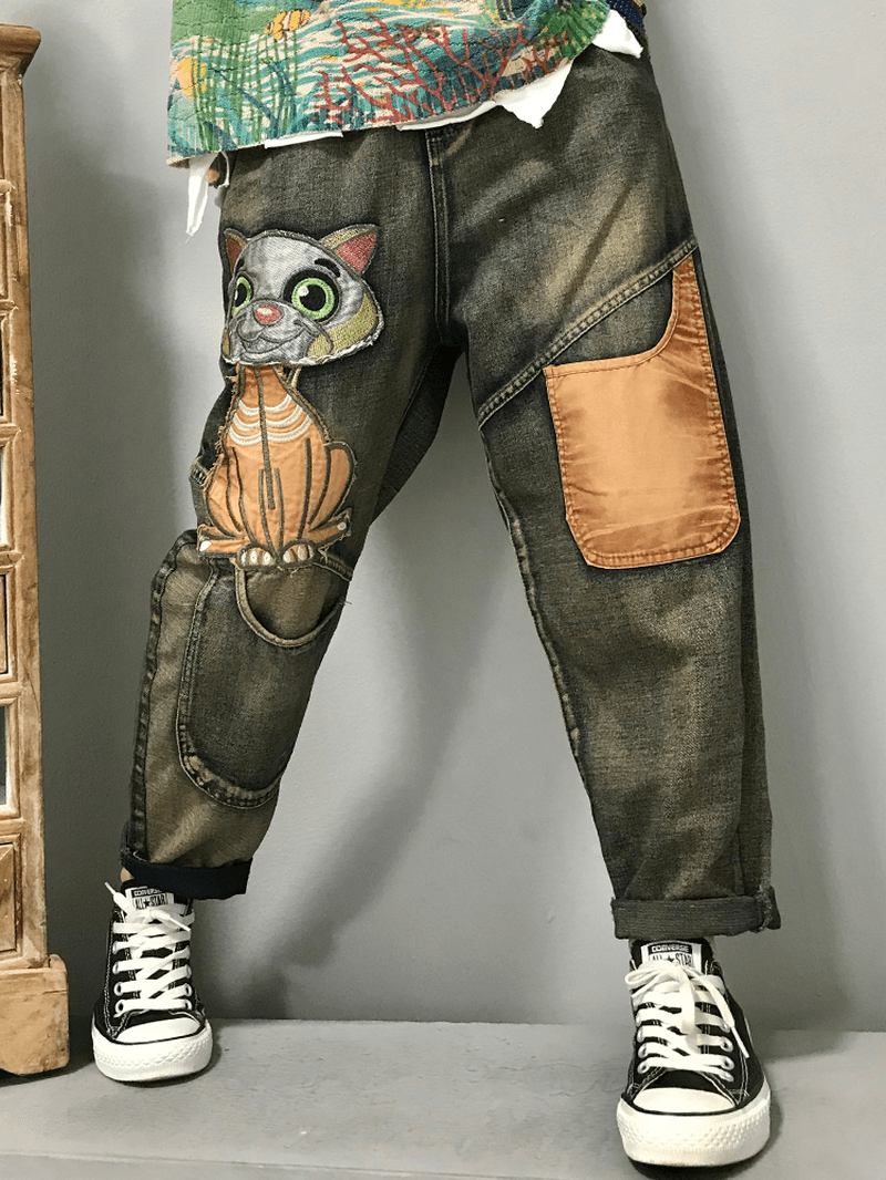 Kvinner Kattbroderi Patchwork Mid Waist Løs Dongeri Harem Jeans