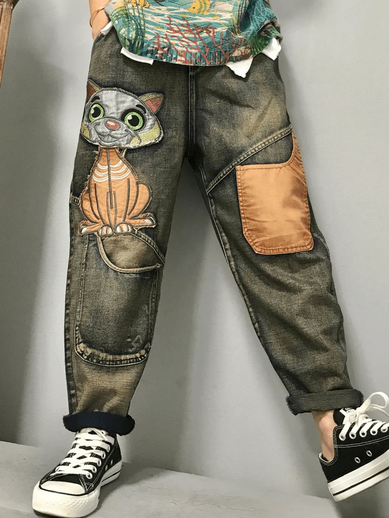 Kvinner Kattbroderi Patchwork Mid Waist Løs Dongeri Harem Jeans