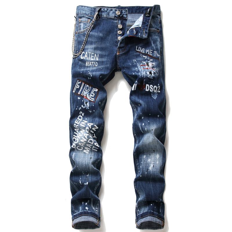 Menn Jeans Famous D2 Herre Slim Jeans Bukser Herre Denim Bukser Glidelås Blå Hull Pencil Bukser