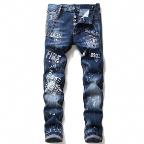 Menn Jeans Famous D2 Herre Slim Jeans Bukser Herre Denim Bukser Glidelås Blå Hull Pencil Bukser