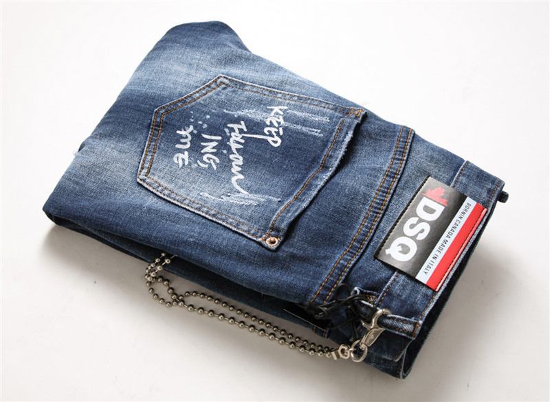 Menn Jeans Famous D2 Herre Slim Jeans Bukser Herre Denim Bukser Glidelås Blå Hull Pencil Bukser