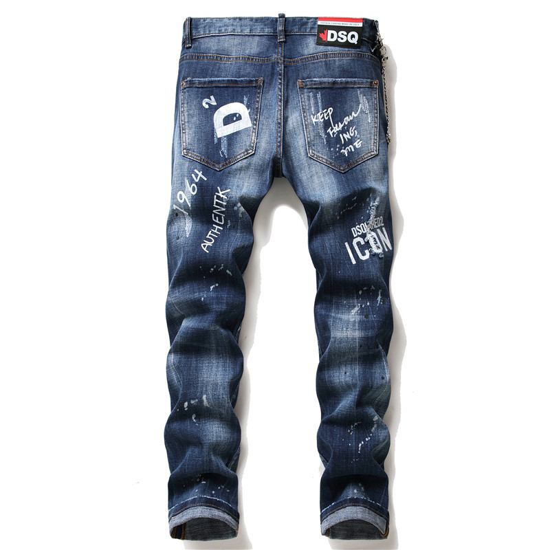 Menn Jeans Famous D2 Herre Slim Jeans Bukser Herre Denim Bukser Glidelås Blå Hull Pencil Bukser