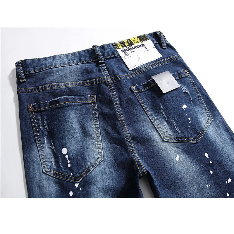 Menn Jeans Famous D2 Herre Slim Jeans Bukser Herre Denim Bukser Glidelås Blå Hull Pencil Bukser