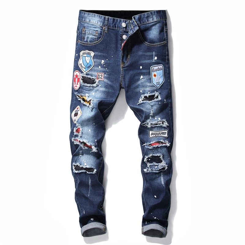 Menn Jeans Famous D2 Herre Slim Jeans Bukser Herre Denim Bukser Glidelås Blå Hull Pencil Bukser