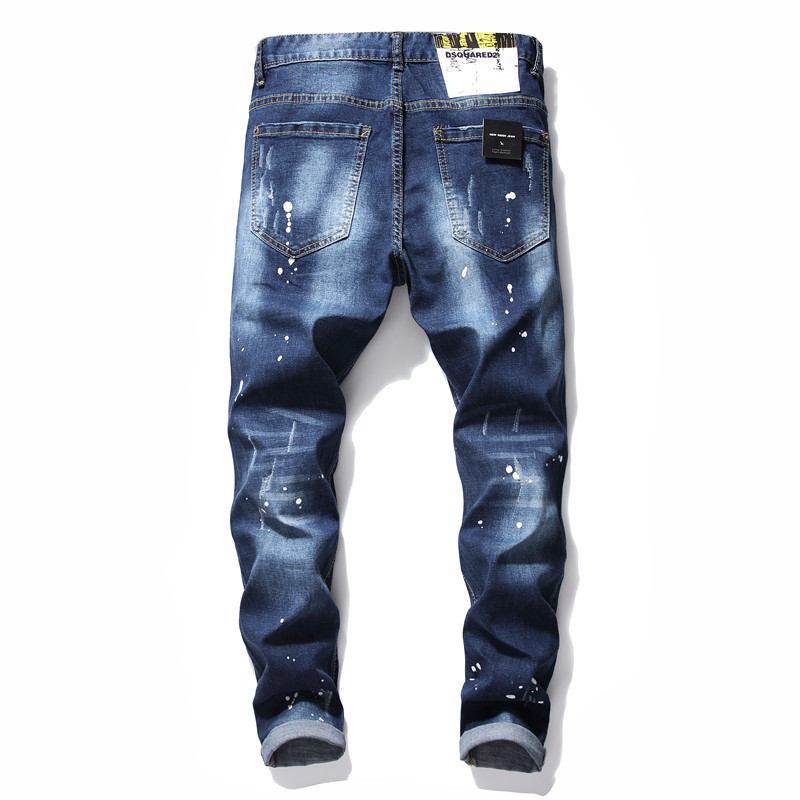 Menn Jeans Famous D2 Herre Slim Jeans Bukser Herre Denim Bukser Glidelås Blå Hull Pencil Bukser