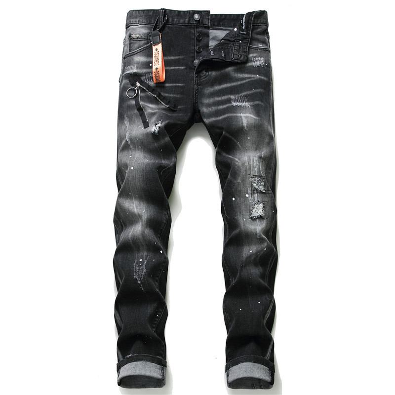 Menn Jeans Famous D2 Herre Slim Jeans Bukser Herre Denim Bukser Glidelås Blå Hull Pencil Bukser