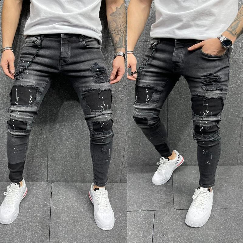 Menns Nye Patch Ripped Elastiske Skinny Jeans