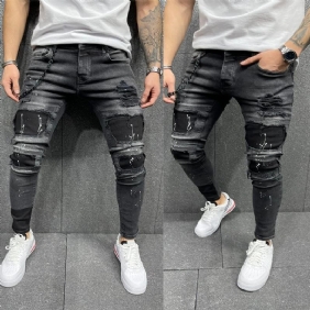 Menns Nye Patch Ripped Elastiske Skinny Jeans