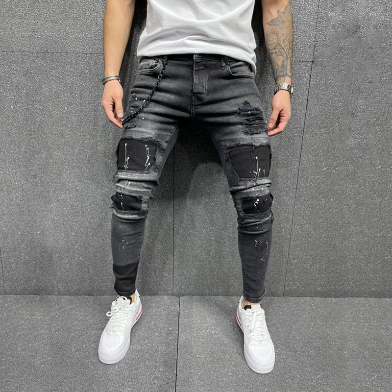 Menns Nye Patch Ripped Elastiske Skinny Jeans