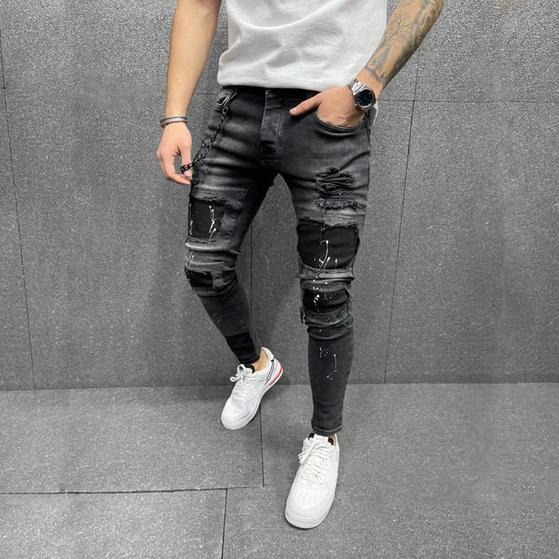 Menns Nye Patch Ripped Elastiske Skinny Jeans