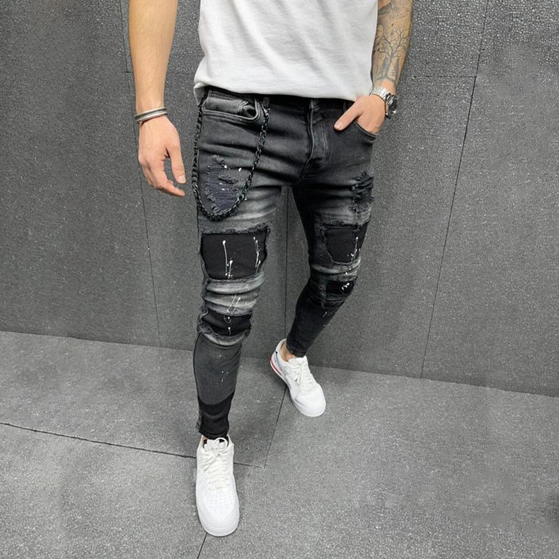 Menns Nye Patch Ripped Elastiske Skinny Jeans