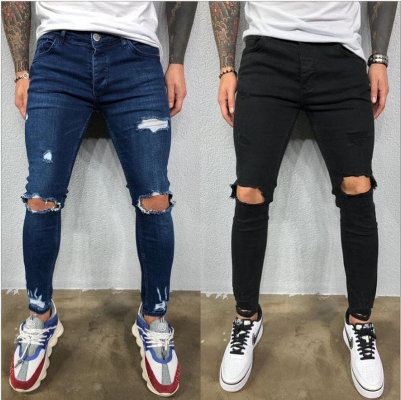 Menns Rippede Elastiske Føtter Revet Ny Hot Style Trendy Jeans