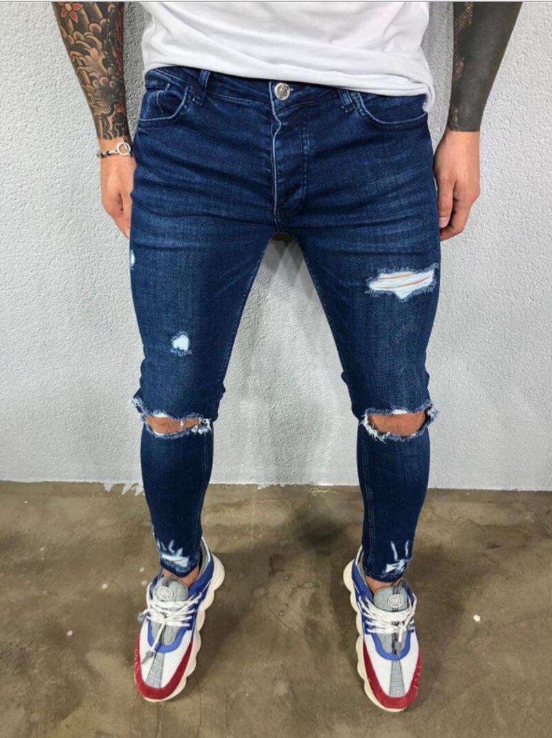 Menns Rippede Elastiske Føtter Revet Ny Hot Style Trendy Jeans