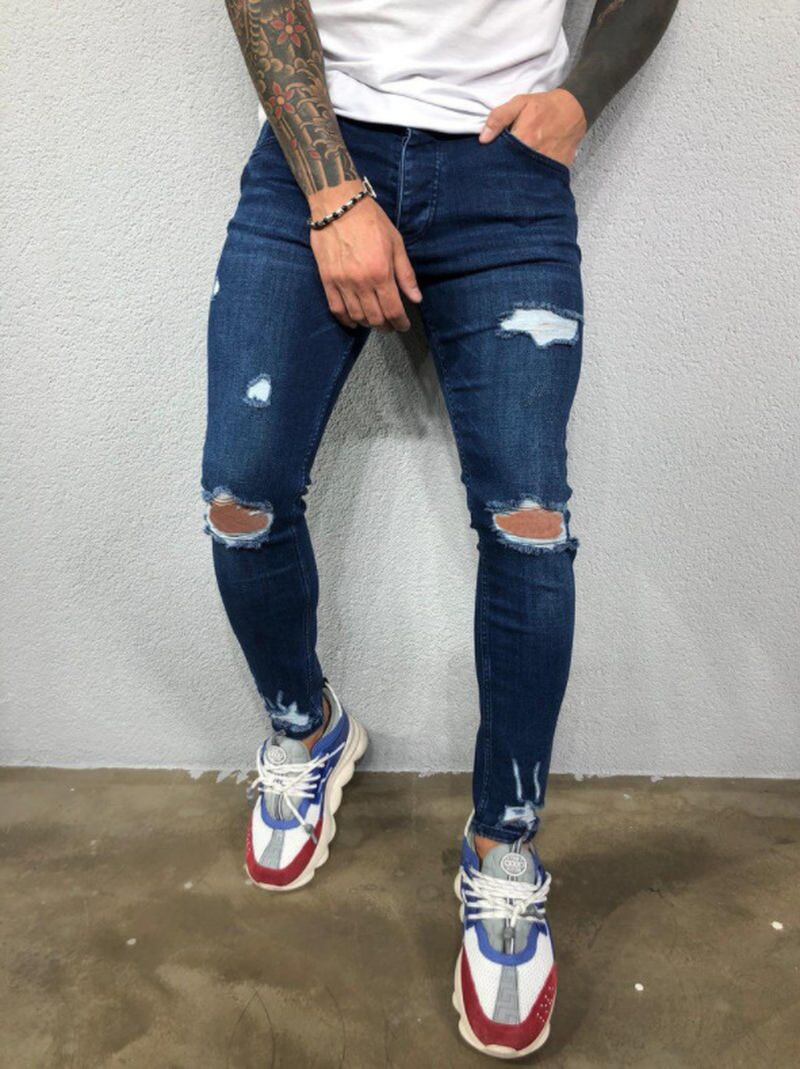 Menns Rippede Elastiske Føtter Revet Ny Hot Style Trendy Jeans