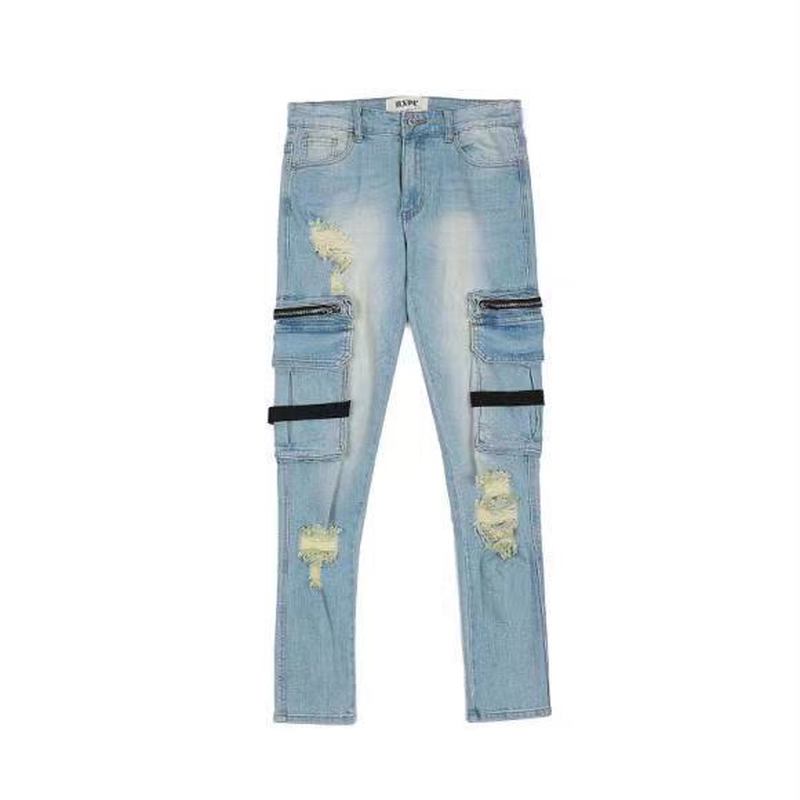 Ødelagte Glidelåsstropper Vasket Distressed Jeans