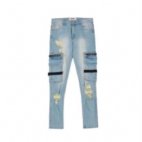 Ødelagte Glidelåsstropper Vasket Distressed Jeans