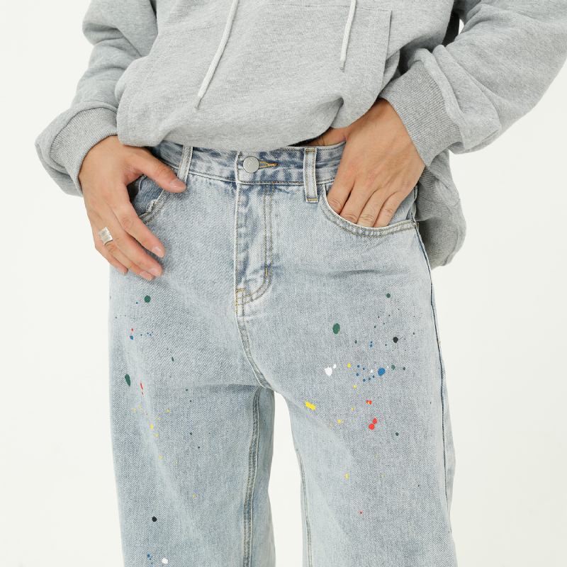 Paint Splash Blue Jeans Rett Løse Jeans