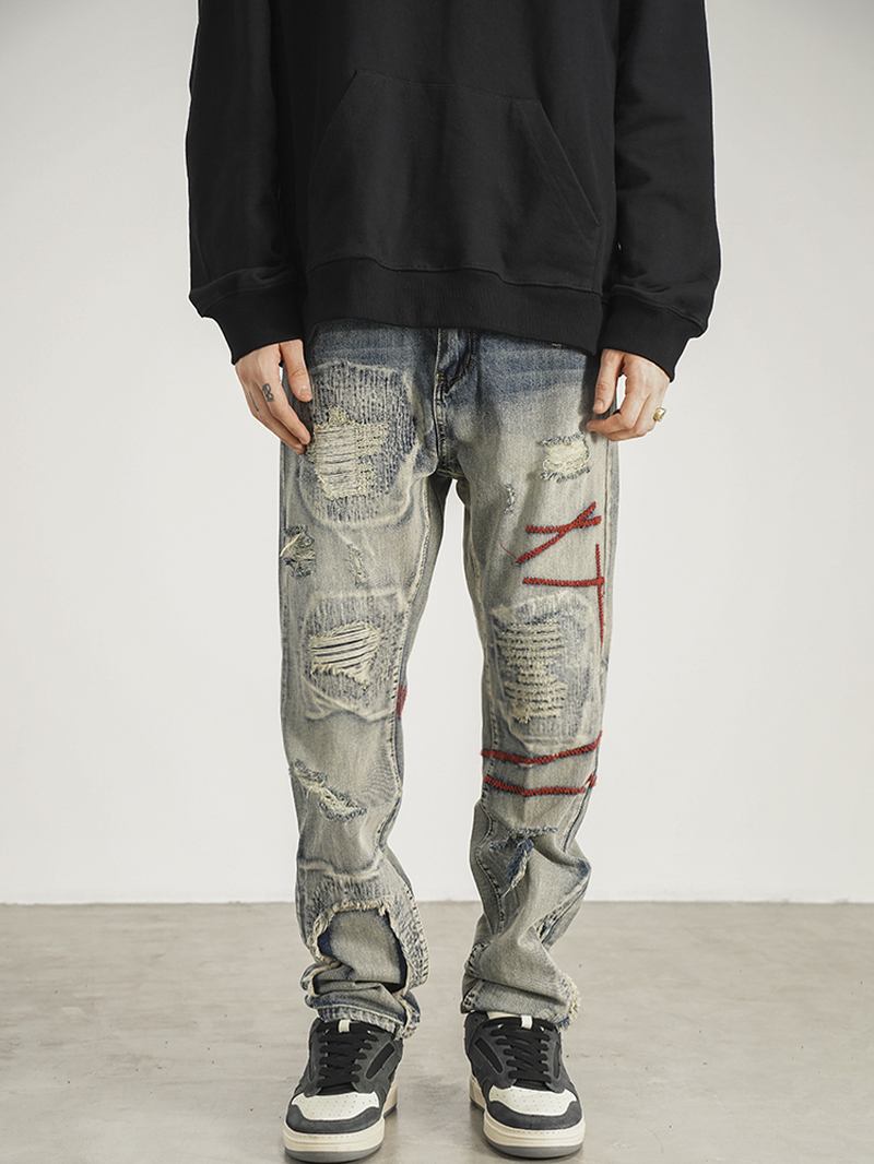 Patched Red Line Jeans Med Rette Ben