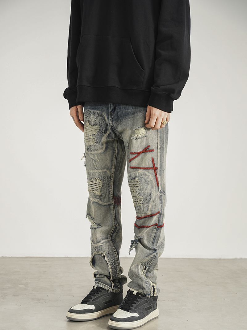 Patched Red Line Jeans Med Rette Ben