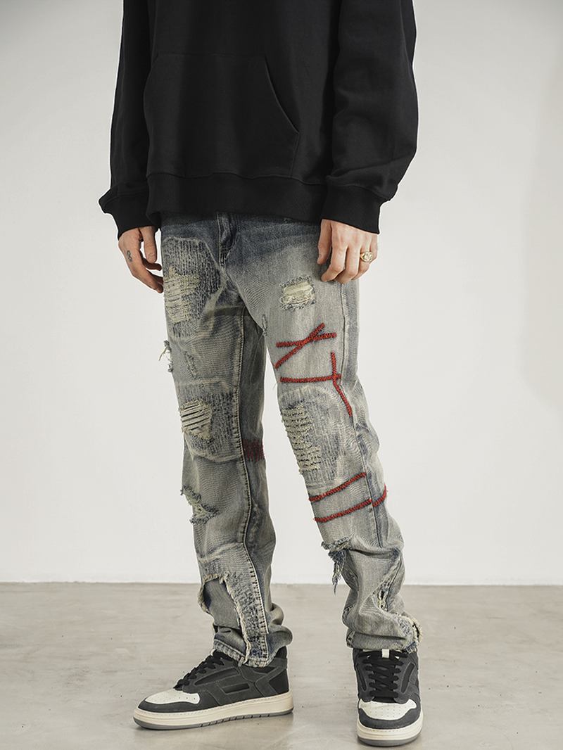 Patched Red Line Jeans Med Rette Ben