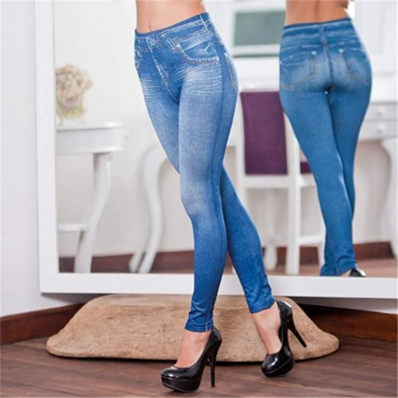 Perfect Fit Jeans Leggings Eksplosjonsmodeller Imitert Dongeri Leggings For Kvinner 9 Poengs Bukser Pull Hair Med Trykk Imitert Denim