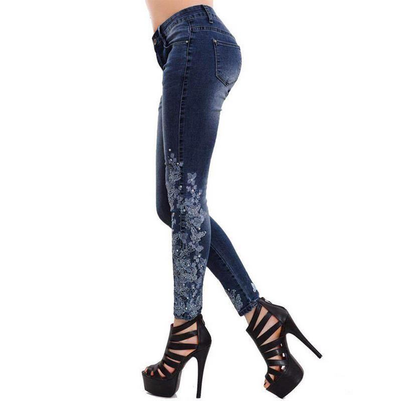 Plus Size 5xl Kvinner Stretch Høy Midje Skinny Broderi Jeans Ripped Kvinne Blomster Denim Bukser Bukse Dame Jeans Blyantbukser