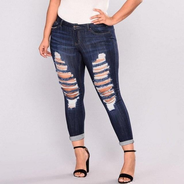 Plussstørrelse Jeans Med Høye Elastiske Hull Dame True Denim Skinny Distressed Jeans For Kvinner Jeans Blyantbukser