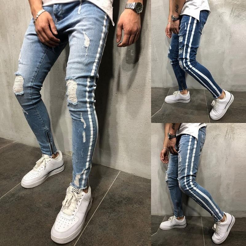 Rippede Sidestripete Jeans Mote Moteklær Herre Skinny Stretch Jeans Bukser Slim Fritids Denim Jeans Jeans Hombre