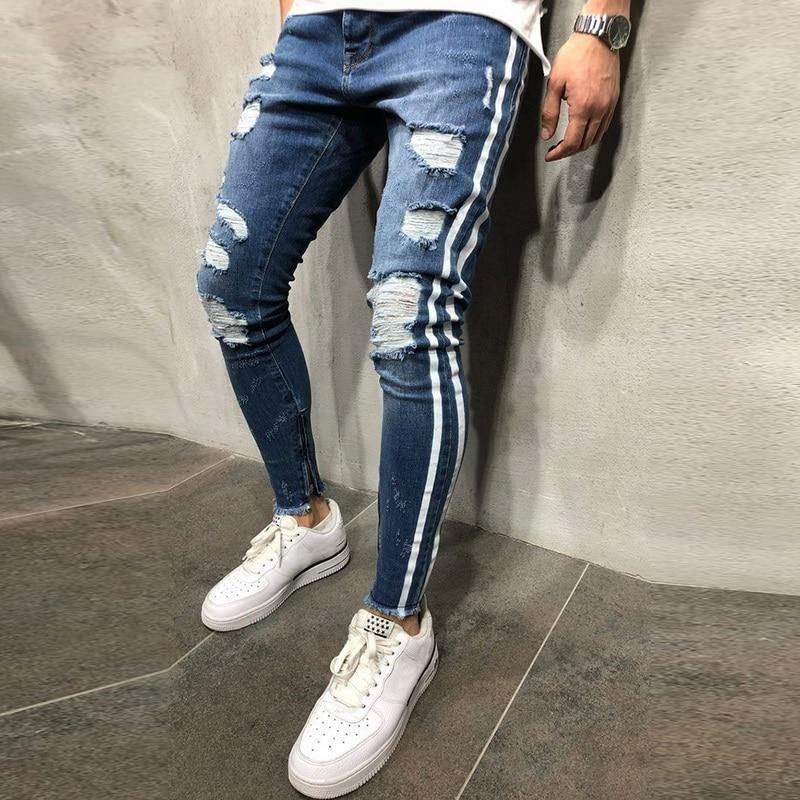 Rippede Sidestripete Jeans Mote Moteklær Herre Skinny Stretch Jeans Bukser Slim Fritids Denim Jeans Jeans Hombre