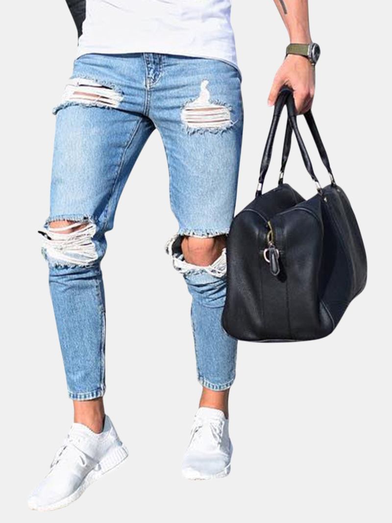 Rippede Stilige Skinny Blå Jeans Med Lav Midje