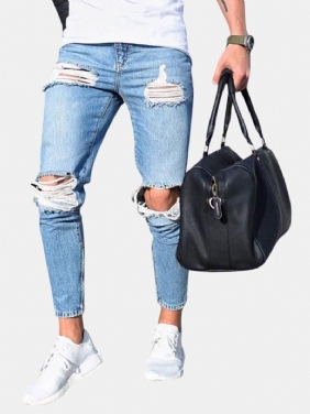 Rippede Stilige Skinny Blå Jeans Med Lav Midje