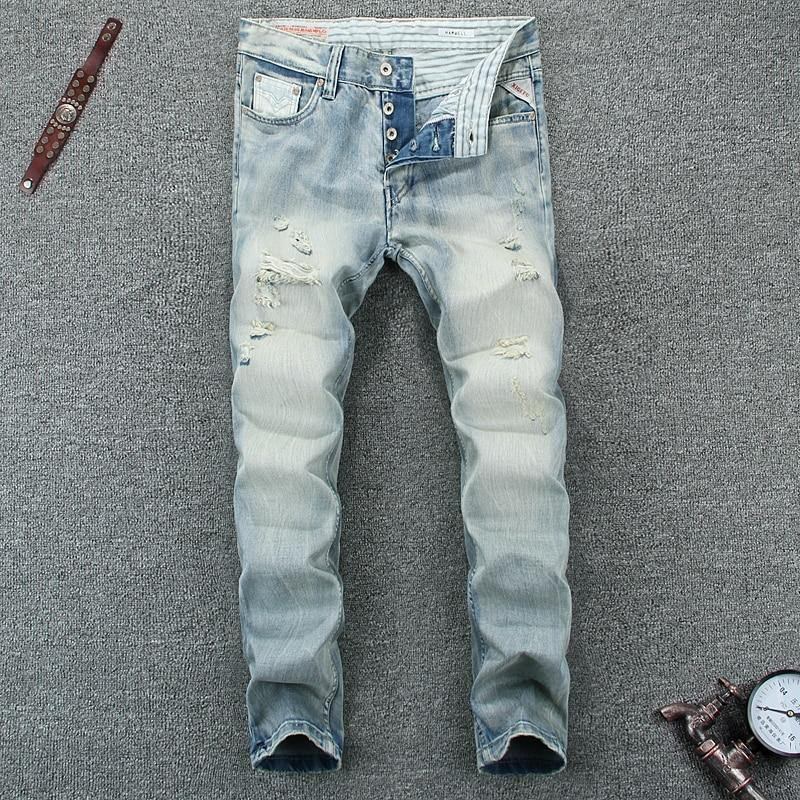 Sommerstil Lyseblå Farge Mote Jeans Herre Høykvalitets Slim Fit Rippede Jeans For Herre Knapper Bukser Merke Biker Jeans Herre