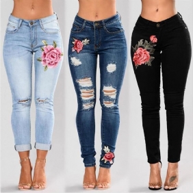 Stretchbroderte Jeans For Kvinner Elastiske Blomsterjeans Kvinne Slim Denimbukser Hull Rippet Rosemønster Jeans Pantalon Femme