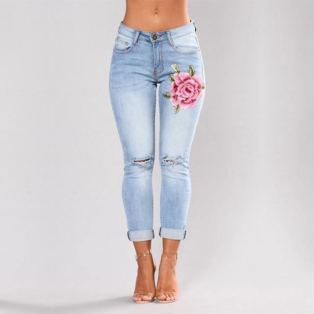 Stretchbroderte Jeans For Kvinner Elastiske Blomsterjeans Kvinne Slim Denimbukser Hull Rippet Rosemønster Jeans Pantalon Femme