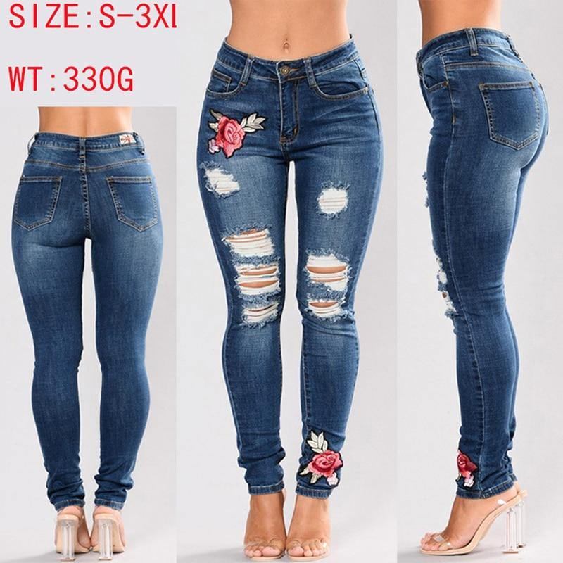 Stretchbroderte Jeans For Kvinner Elastiske Blomsterjeans Kvinne Slim Denimbukser Hull Rippet Rosemønster Jeans Pantalon Femme