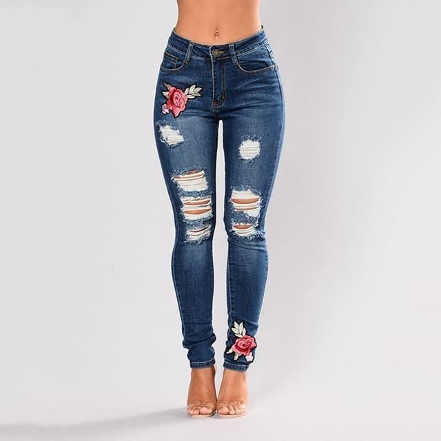 Stretchbroderte Jeans For Kvinner Elastiske Blomsterjeans Kvinne Slim Denimbukser Hull Rippet Rosemønster Jeans Pantalon Femme