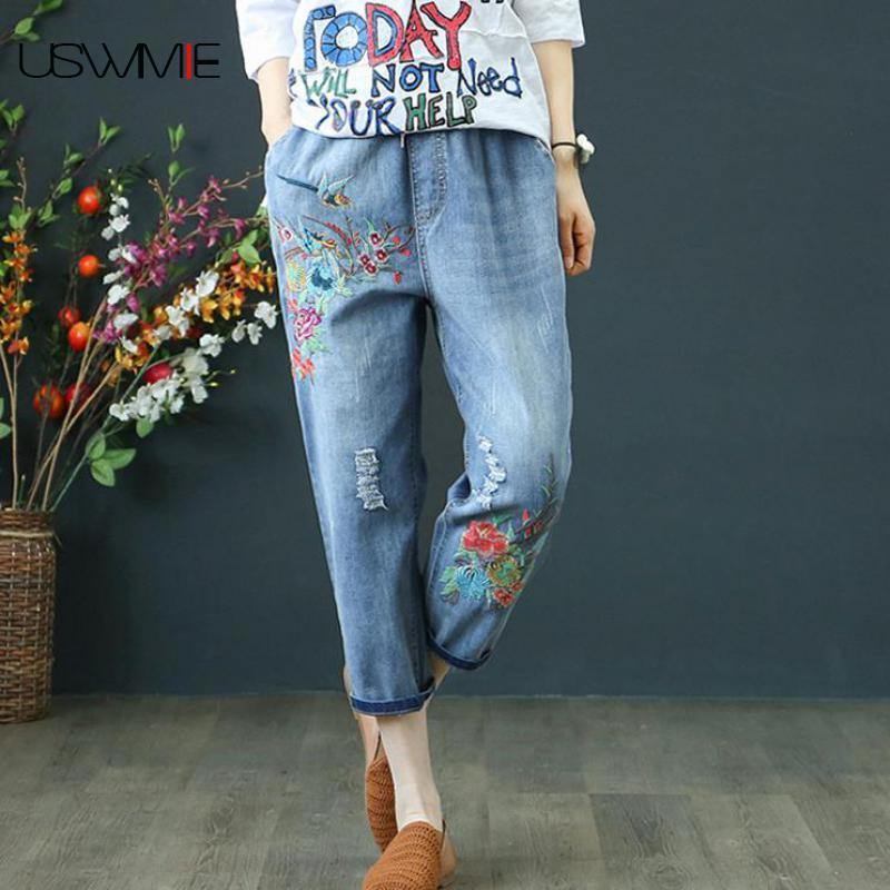 Summer Dame Jeans Denim Retro Broderi Snøring Hull Løs Komfort Uformell Cowboy Kvinne Seven Plus Size Damebukser