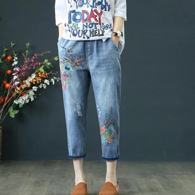 Summer Dame Jeans Denim Retro Broderi Snøring Hull Løs Komfort Uformell Cowboy Kvinne Seven Plus Size Damebukser