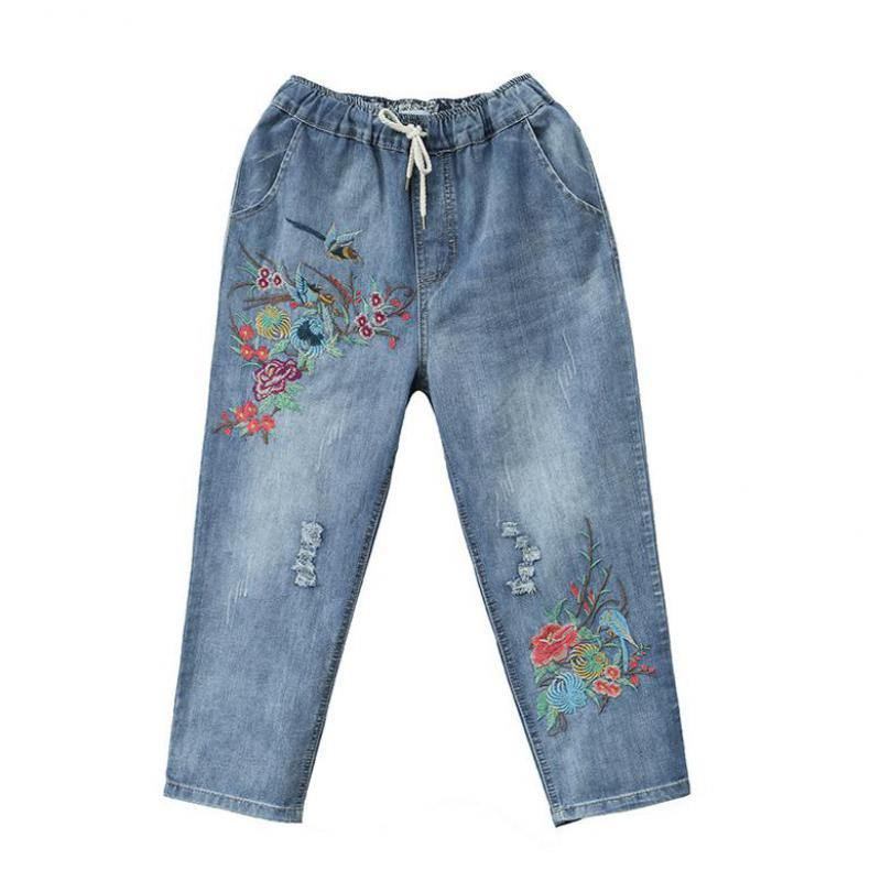 Summer Dame Jeans Denim Retro Broderi Snøring Hull Løs Komfort Uformell Cowboy Kvinne Seven Plus Size Damebukser