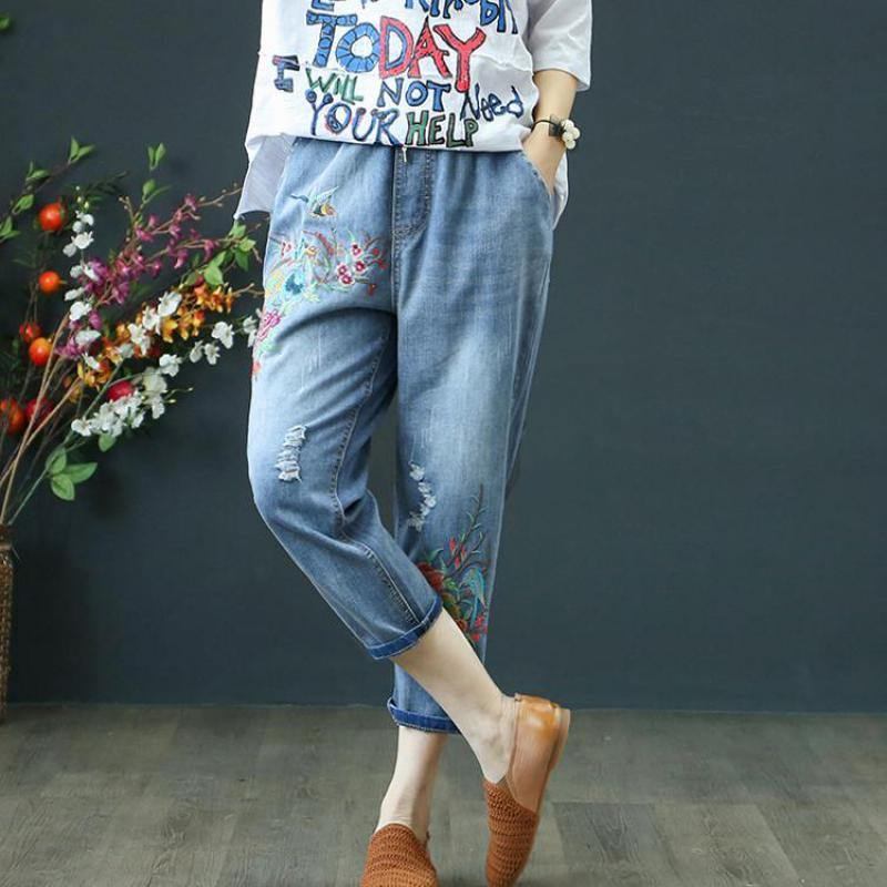 Summer Dame Jeans Denim Retro Broderi Snøring Hull Løs Komfort Uformell Cowboy Kvinne Seven Plus Size Damebukser