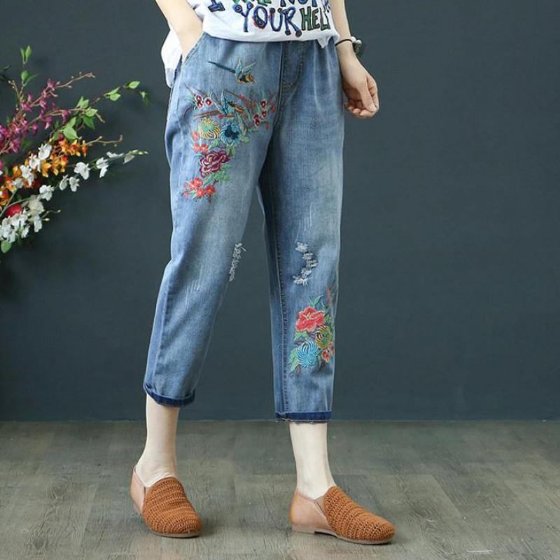 Summer Dame Jeans Denim Retro Broderi Snøring Hull Løs Komfort Uformell Cowboy Kvinne Seven Plus Size Damebukser