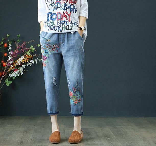 Summer Dame Jeans Denim Retro Broderi Snøring Hull Løs Komfort Uformell Cowboy Kvinne Seven Plus Size Damebukser