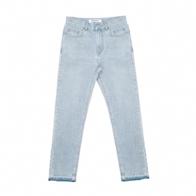 Vasket Blå Frynsete Kanter Distressed Brodert Straight Leg Jeans