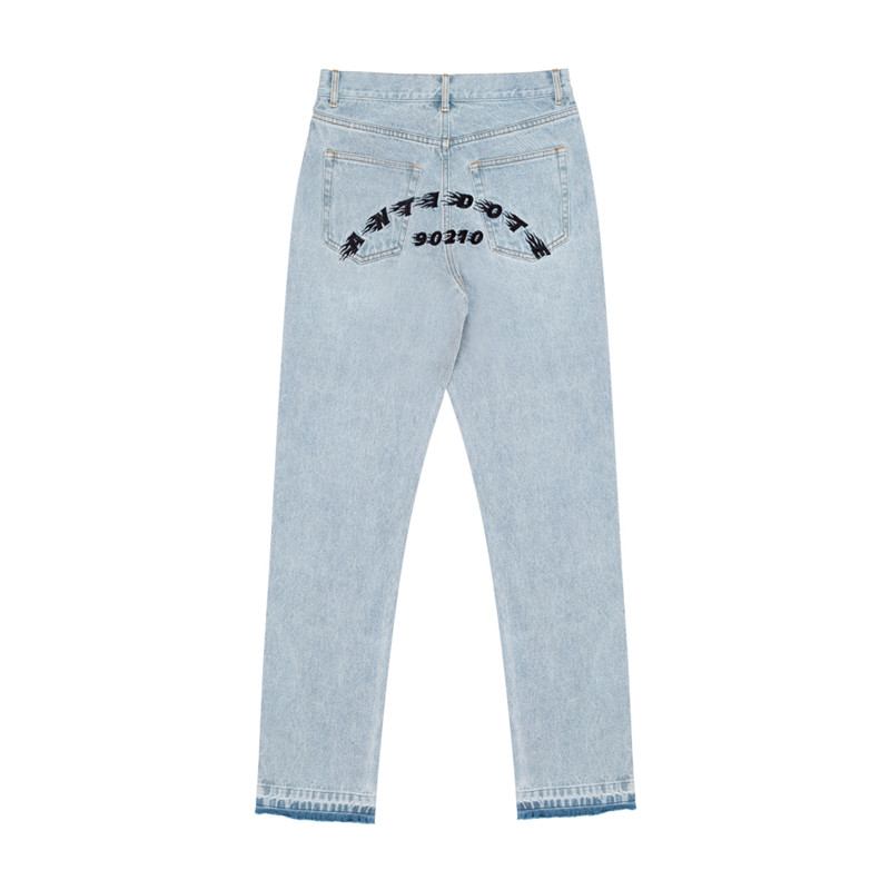 Vasket Blå Frynsete Kanter Distressed Brodert Straight Leg Jeans