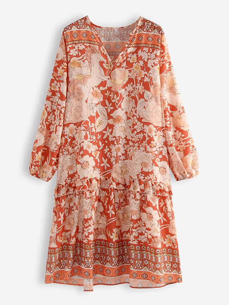 Bohemian Blomstrete Med Trykk Patch V-hals Løs Fritids Dress