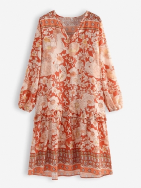 Bohemian Blomstrete Med Trykk Patch V-hals Løs Fritids Dress