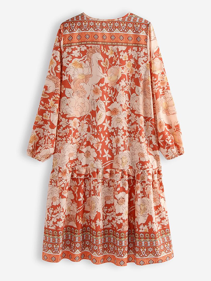 Bohemian Blomstrete Med Trykk Patch V-hals Løs Fritids Dress