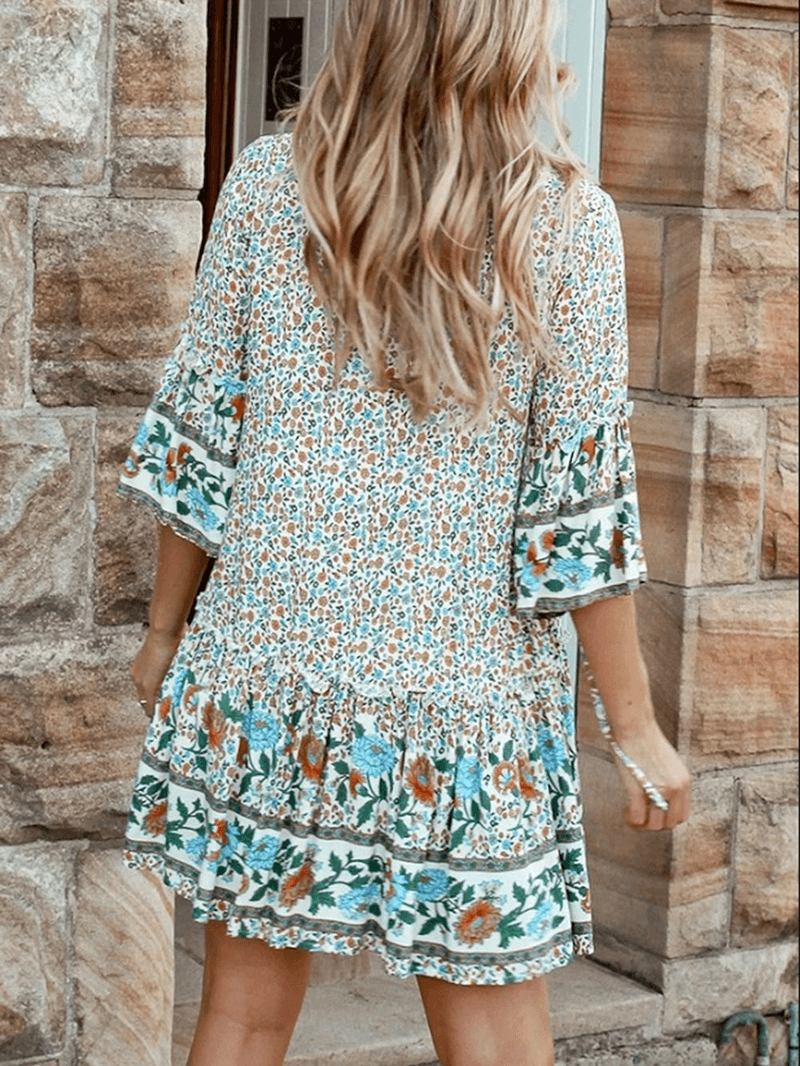 Bohemian Blomstrete Med Trykk V-hals Sommer Beach Mini Dress